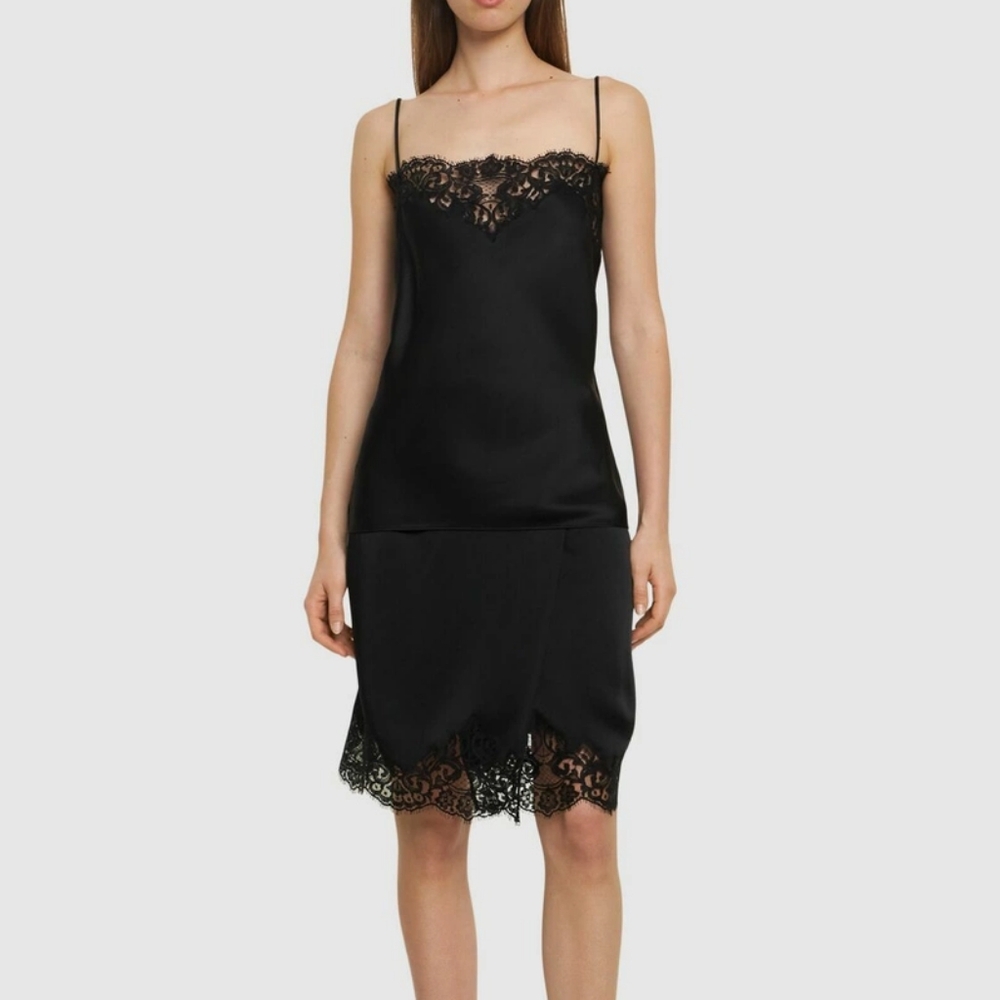 NWT Stella McCartney Iconic Wrap Effect Black Satin Lace Trim Skirt 46